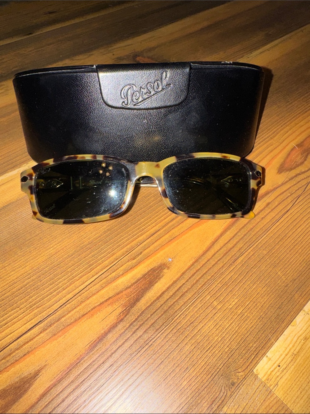 Persol Tortoiseshell Rectangle Sunglasses with Dark Lenses
